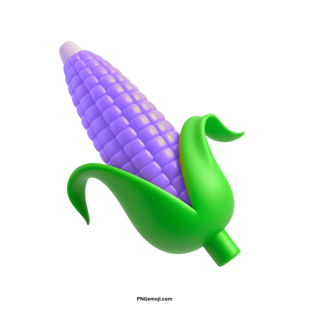 3D purple ear of corn emoji with green husk cartoon style illustration