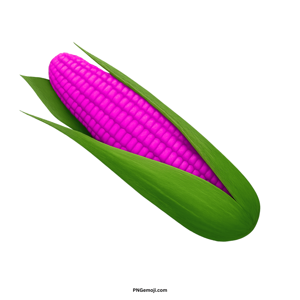 Purple ear of corn emoji PNG with green husk isolated on transparent background