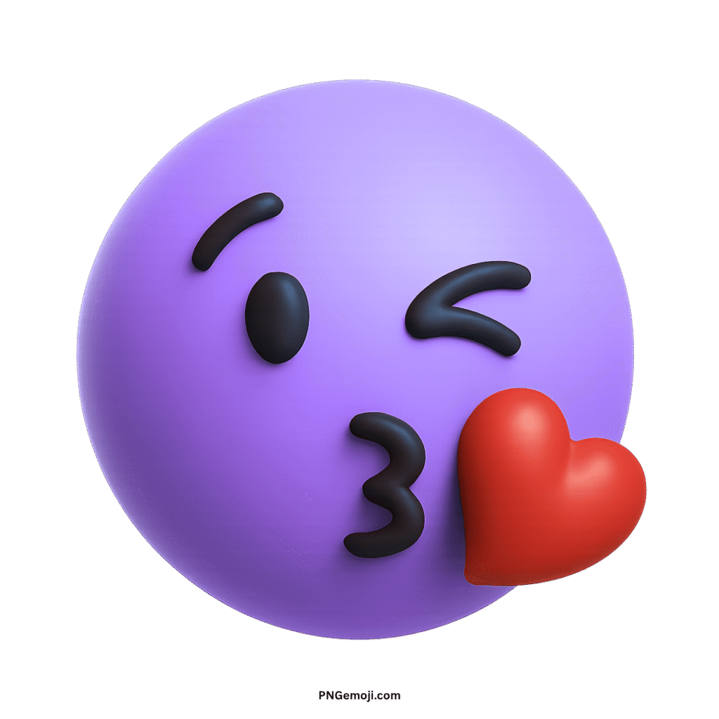 A charming purple emoji face winking and blowing a vibrant red heart kiss.