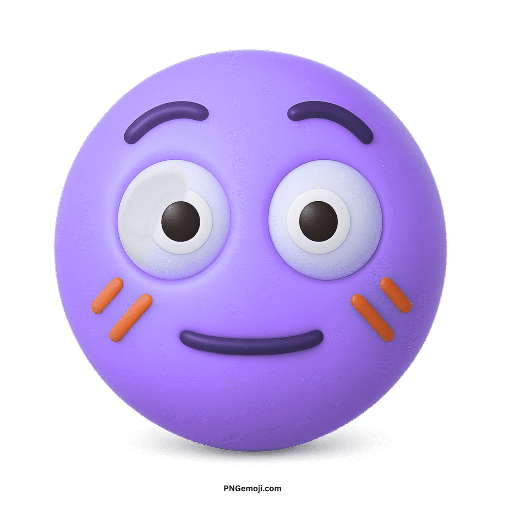  Purple flushed 3D emoji with wide eyes, slight smile, and orange cheek marks.