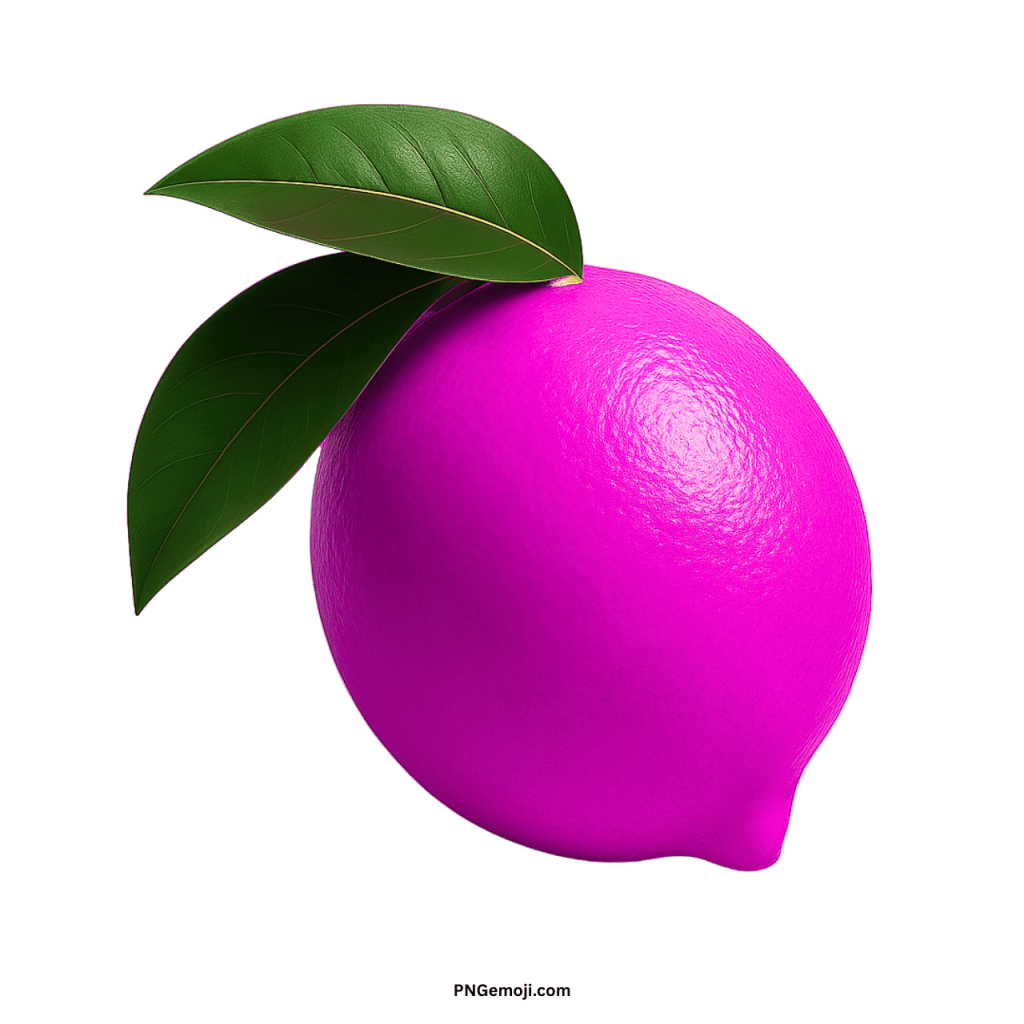 Purple lemon emoji with fresh green leaves isolated on transparent background digital illustration