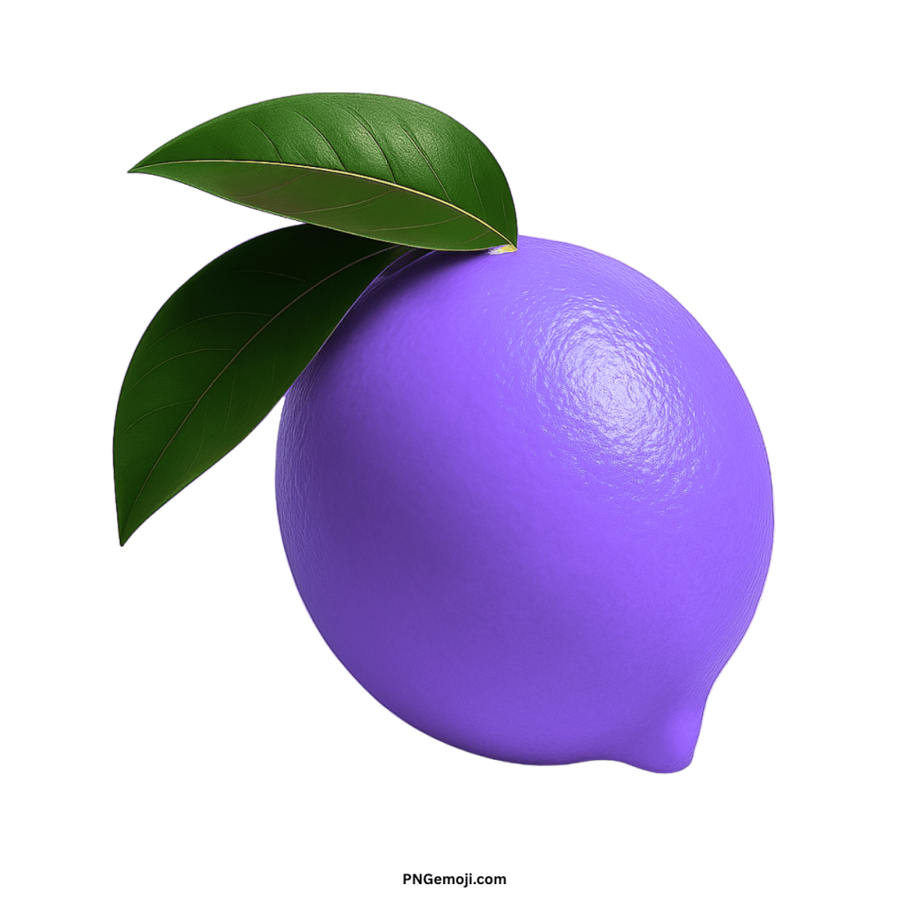 Purple lemon emoji with green leaves isolated on transparent background digital fruit illustration