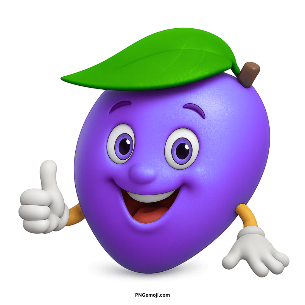 Happy purple mango emoji cartoon fruit character with green leaf and thumbs up PNG
