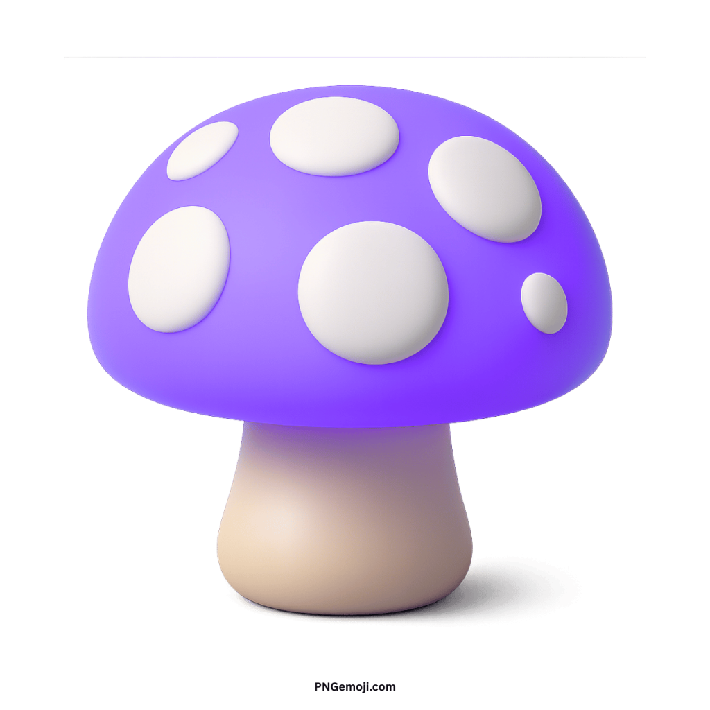3D purple mushroom emoji with white spots cartoon fungi illustration transparent background