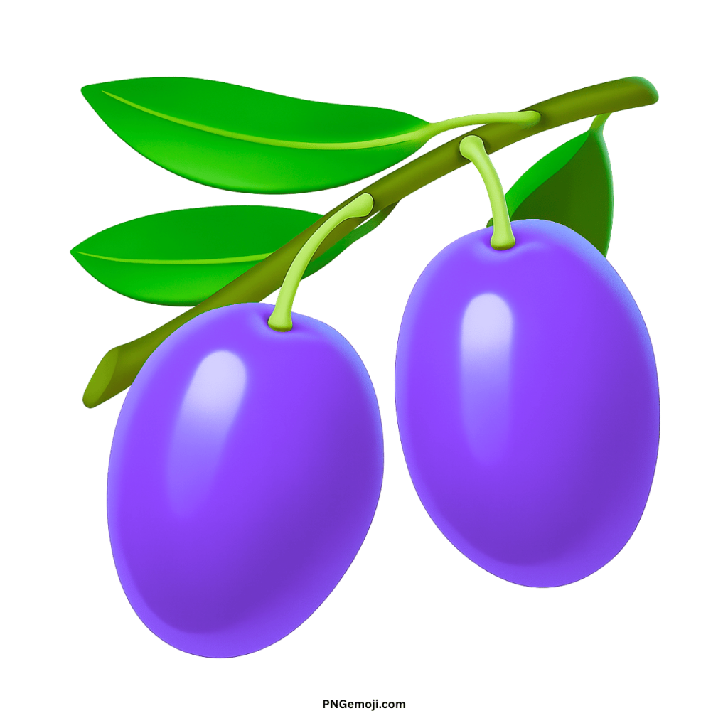  A vibrant purple olive emoji with bright green leaves on a branch, set against a black background.