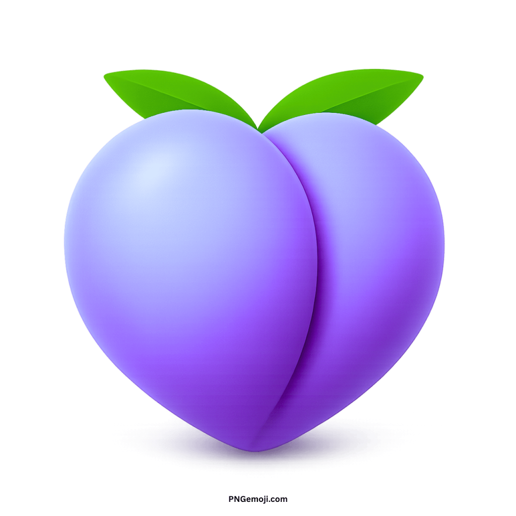 Purple peach emoji icon with green leaves, symbolizing creativity, uniqueness, and digital style.