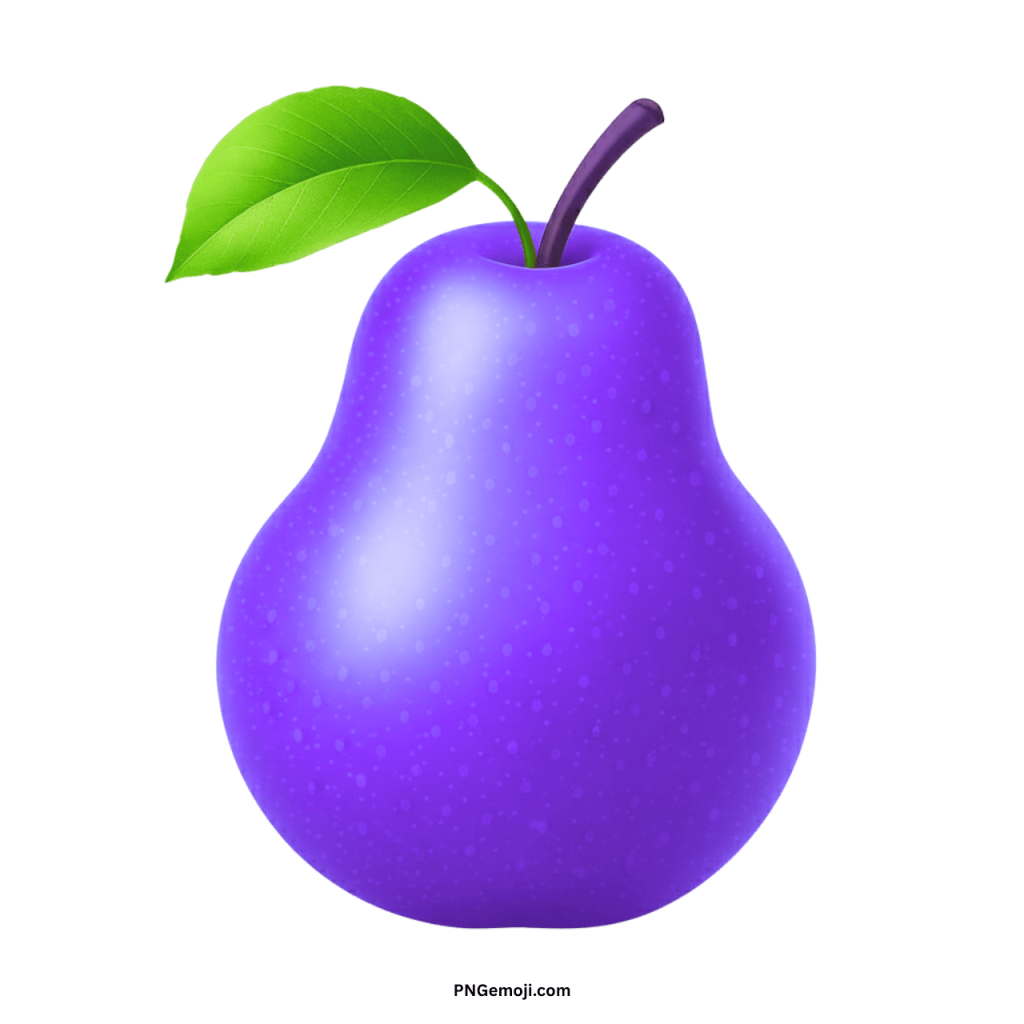 A vibrant purple pear emoji with a shiny surface, green leaf, and a dark stem on a black background.