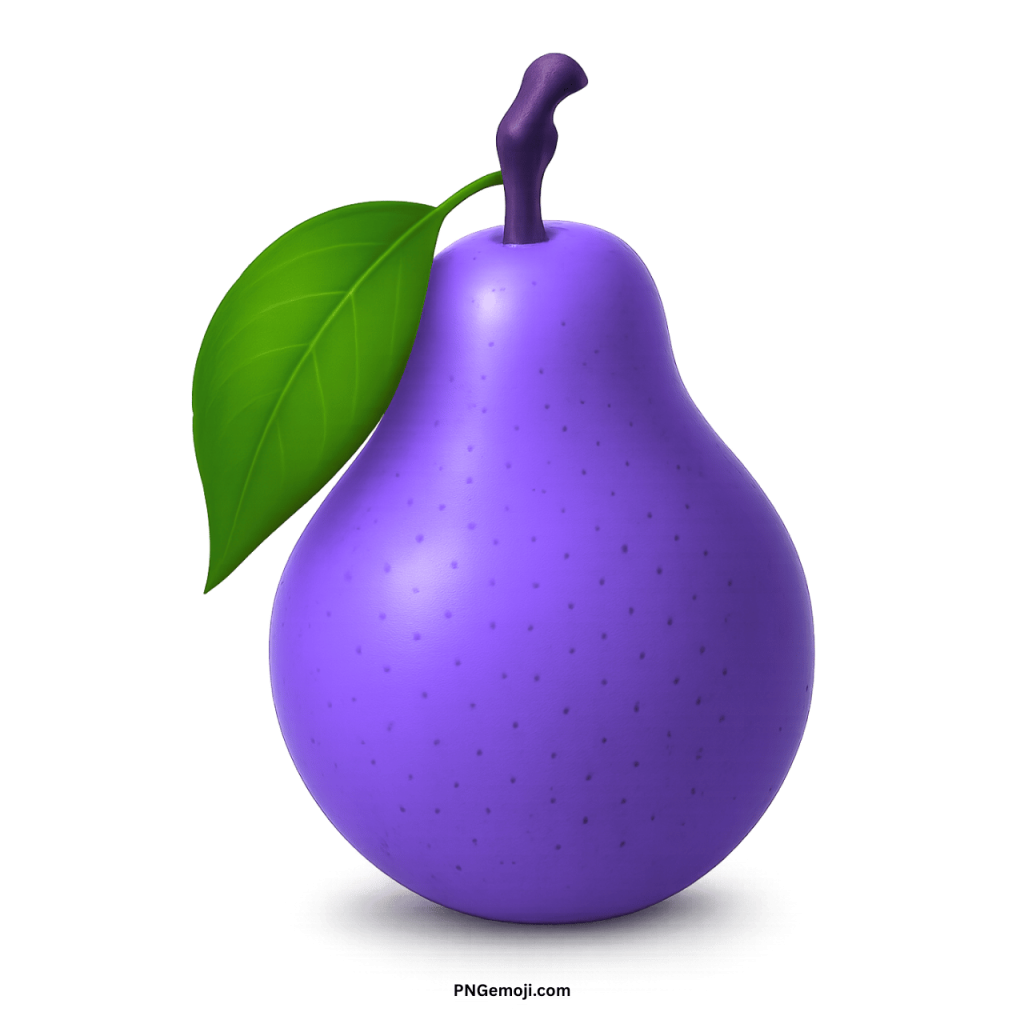 A deep purple pear with a matching stem and a vibrant green leaf on a dark background.