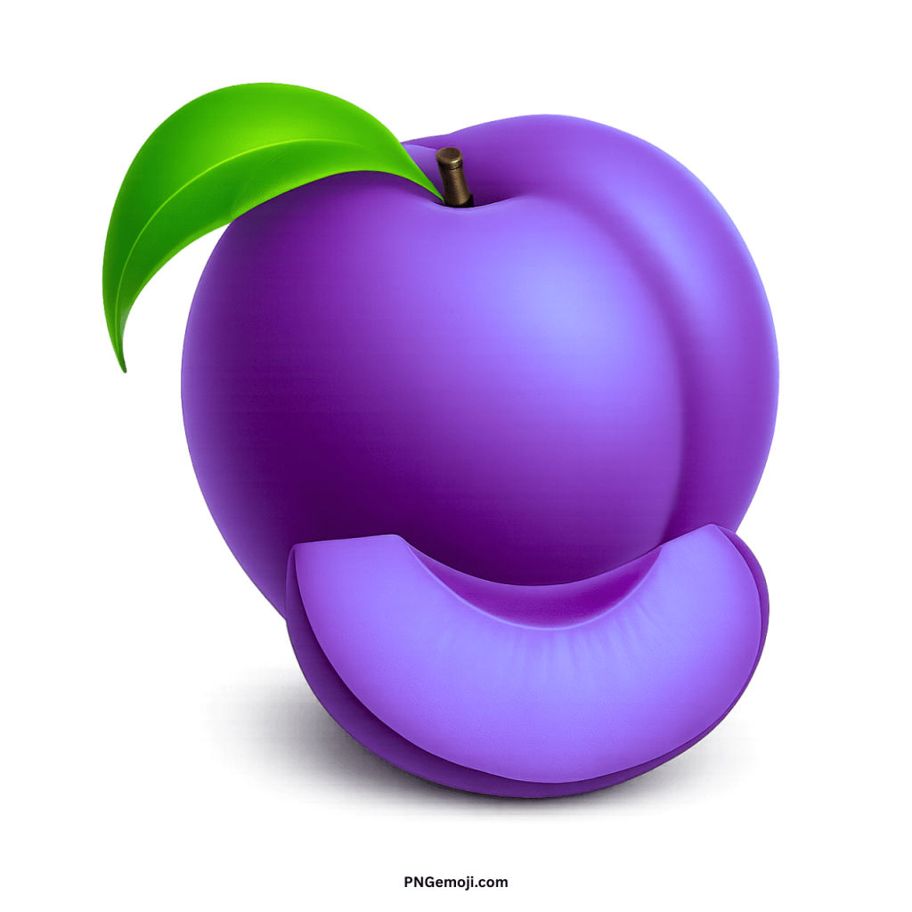 A rich purple plum with a fresh green leaf and a cut slice, isolated on a black background.