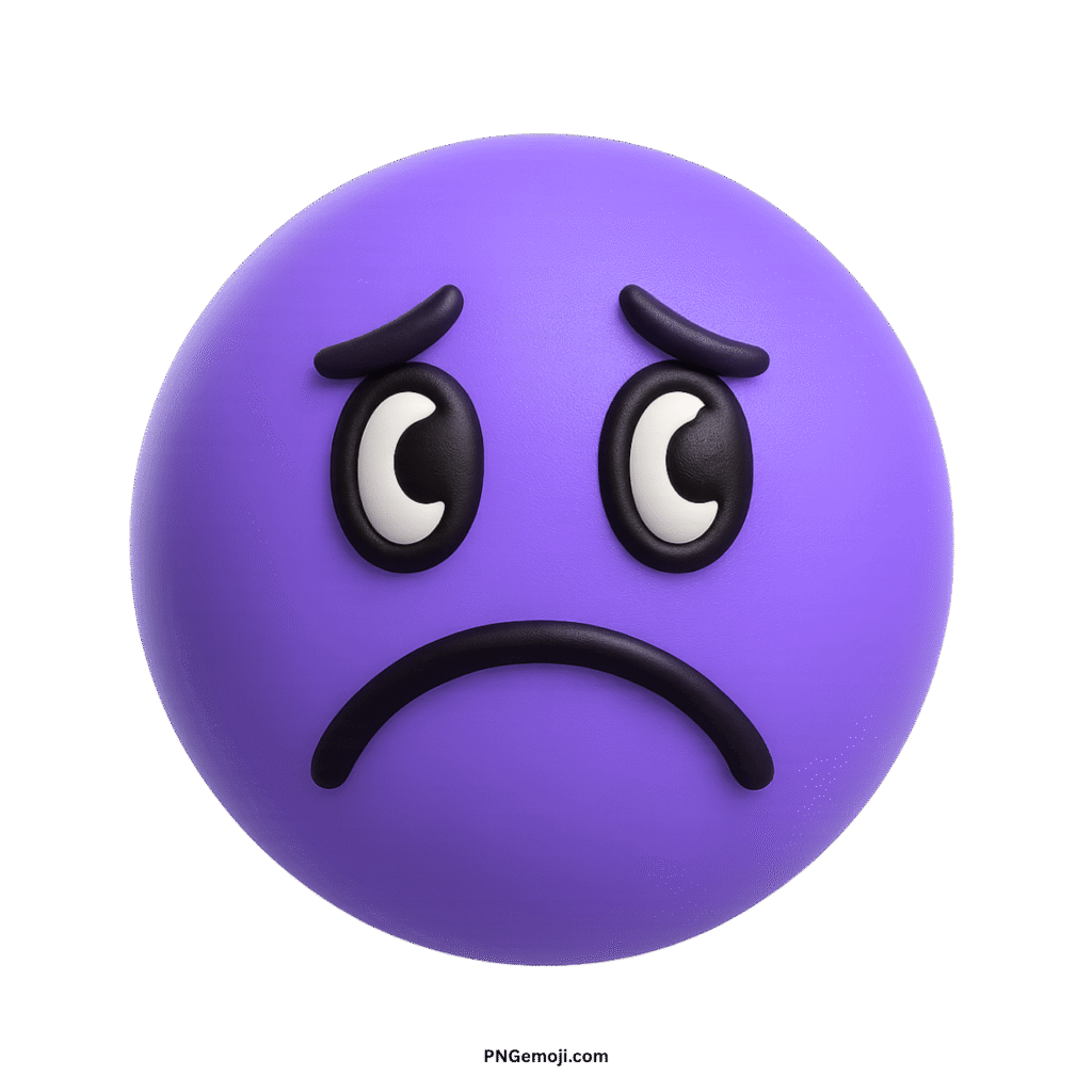 A melancholy purple emoji with a sad face, downturned mouth, and worried eyes.