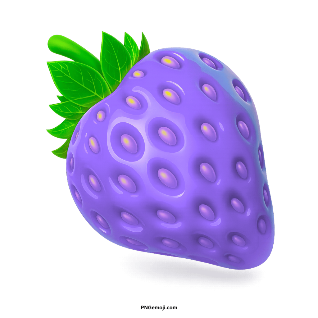 Glossy purple strawberry with vibrant green leaves and yellow seeds on a black background.
