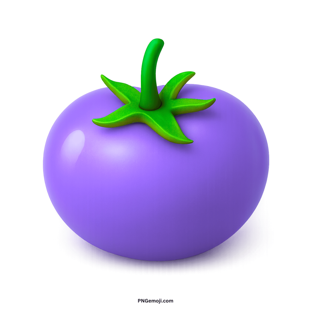 Purple tomato emoji icon with green stem, fresh fruit vegetable symbol for chats and design