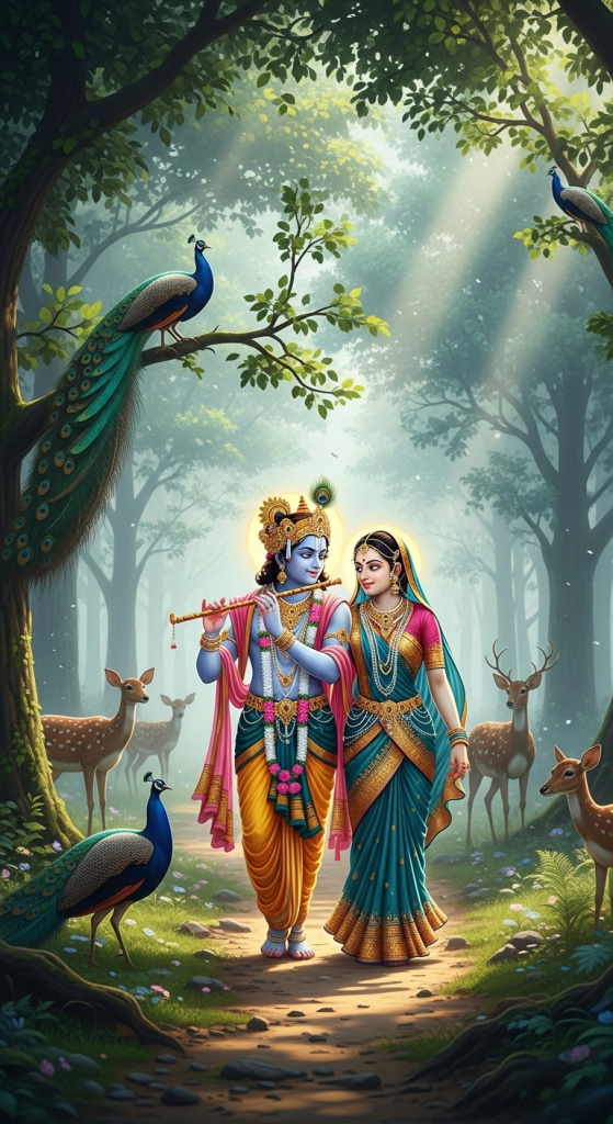 Radha Krishna walking in forest with peacocks, deers, divine love and flute melody