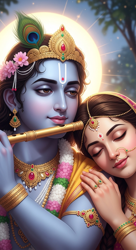 Radha resting on Krishna’s shoulder as he plays flute, symbolizing divine eternal love
