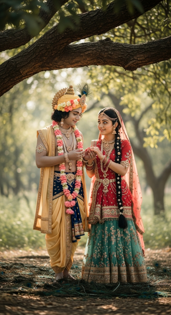 Radha Krishna standing in forest, exchanging love and devotion with divine grace.