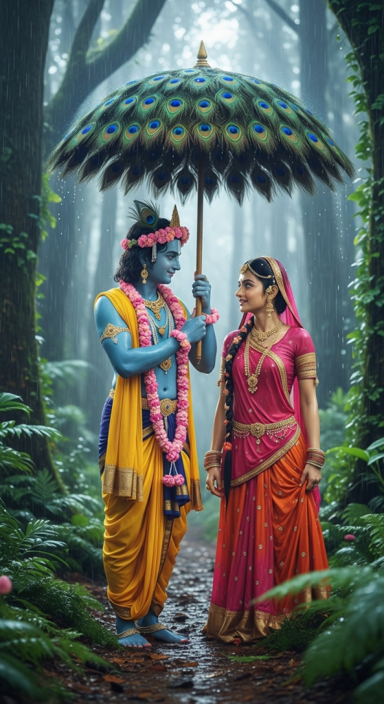 Radha Krishna standing together under peacock feather umbrella in rain, symbolizing eternal divine love