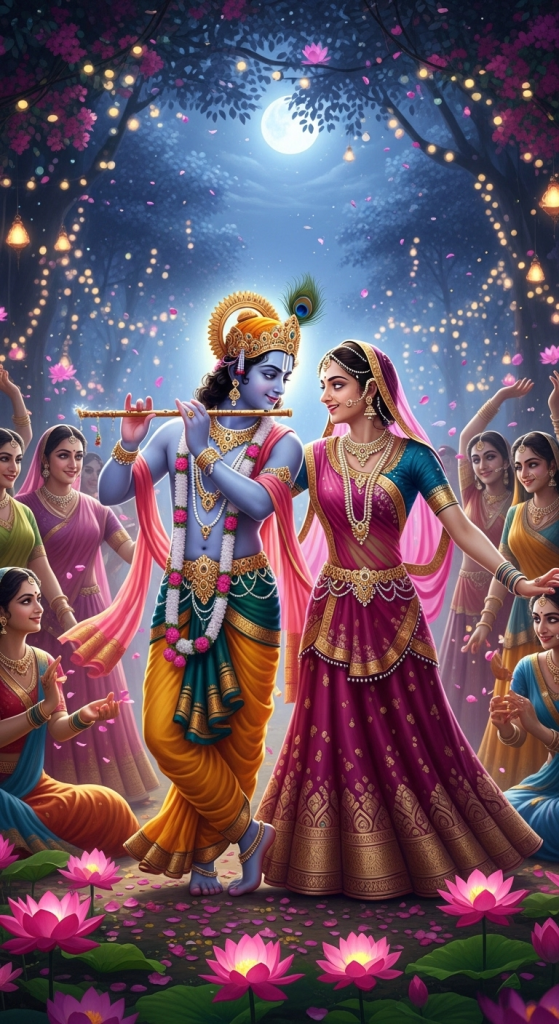 Radha Krishna Raas Leela under moonlight with lotus flowers and gopis dancing