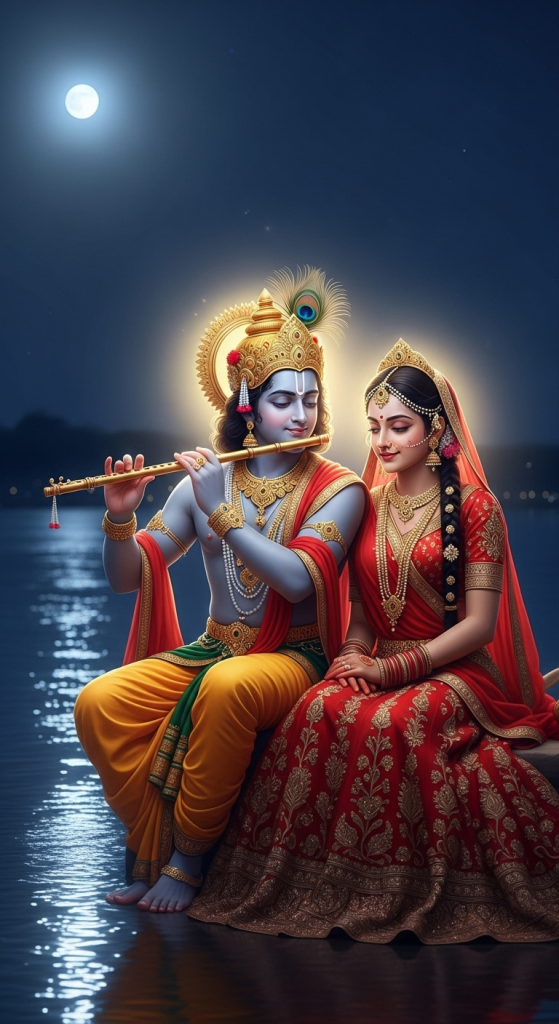 Radha Krishna sitting near river under moonlight, Krishna playing flute with divine love.