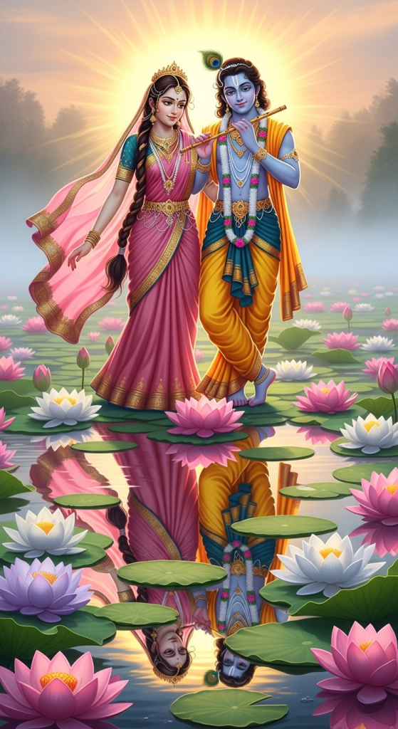 Radha Krishna walking on lotus pond at sunrise, symbolizing divine eternal love and reflection