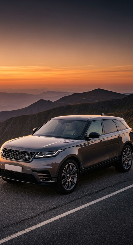 Luxury Range Rover SUV wallpaper on mountain road with scenic sunset background