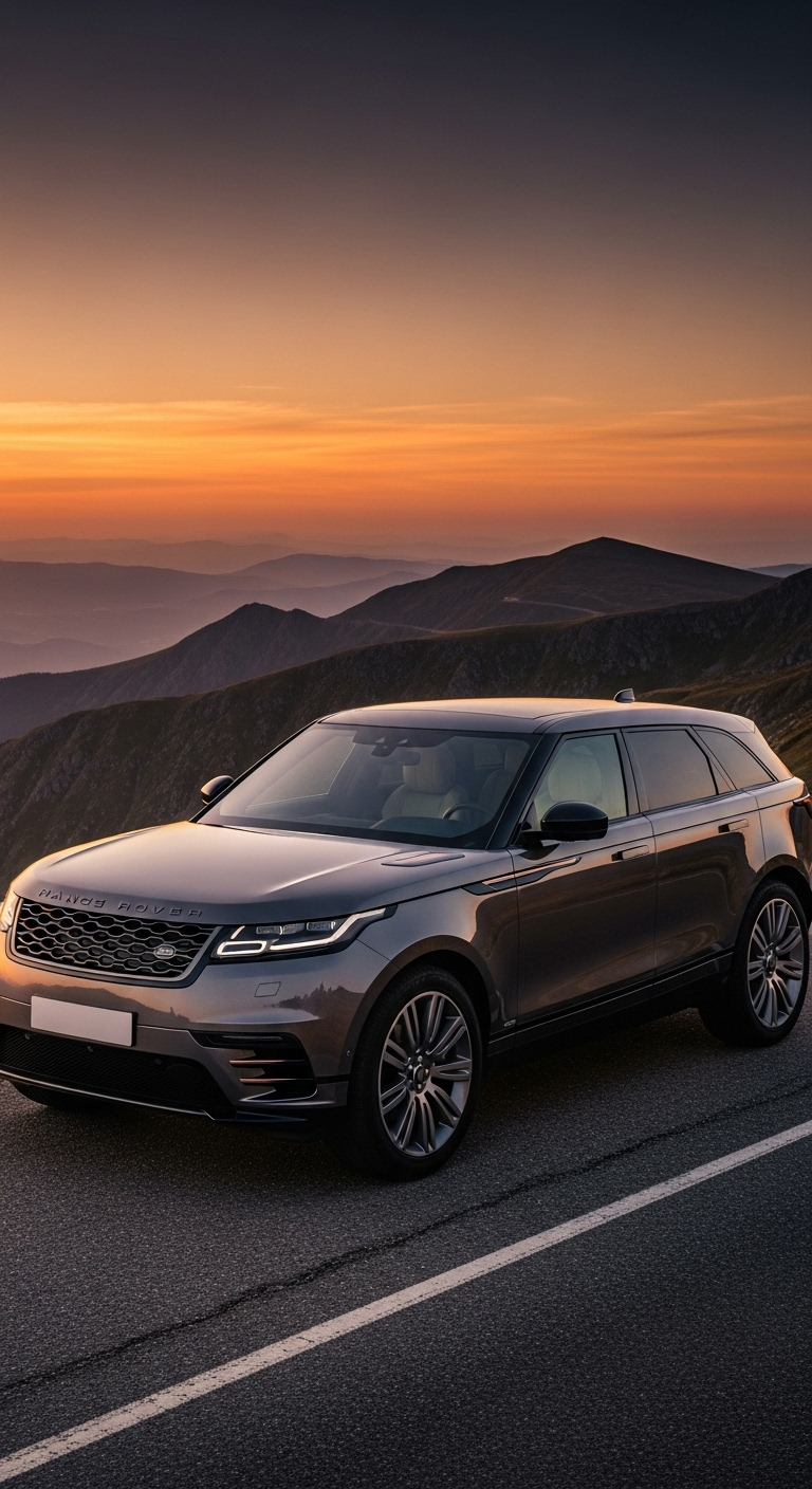 Luxury Range Rover SUV wallpaper on mountain road with scenic sunset background