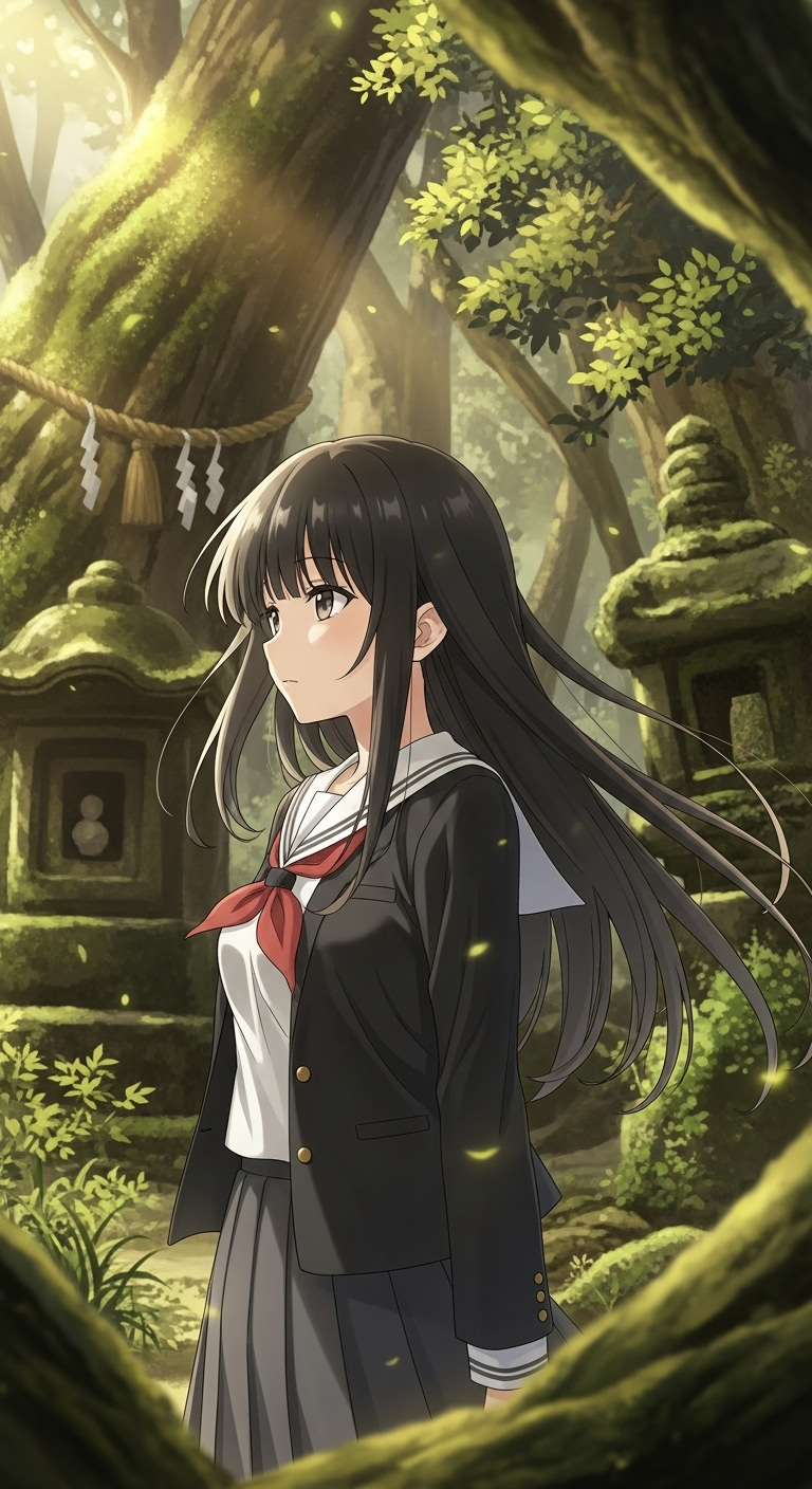RDG Red Data Girl anime wallpaper of schoolgirl standing in mystical forest shrine
