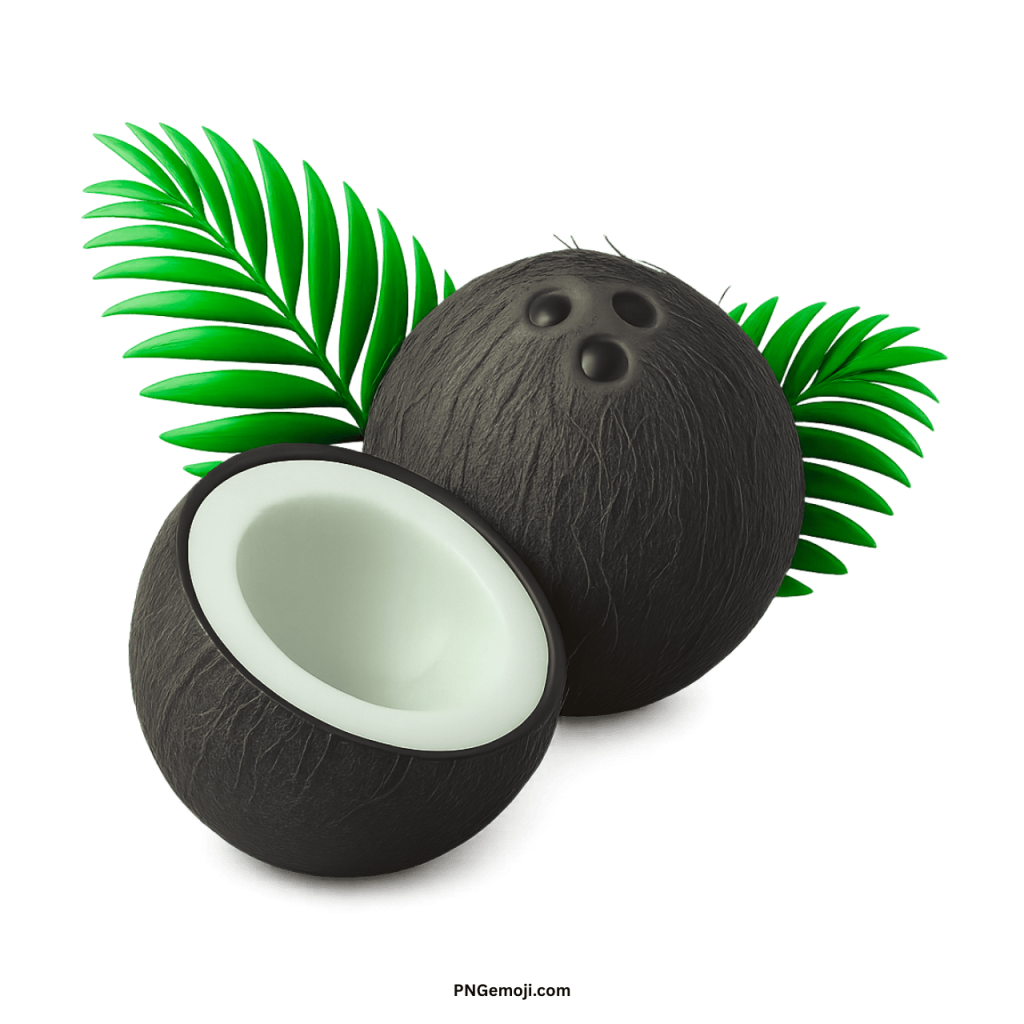 Realistic coconut PNG with palm green leaves and open half on transparent background
