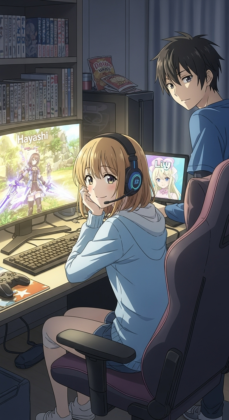 Anime Recovery of an MMO Junkie wallpaper with gaming girl and boy at computer setup