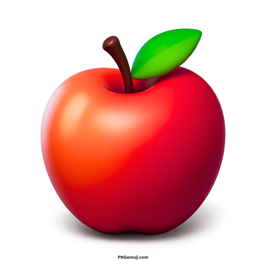  A realistic 3D red apple emoji with a green leaf and a brown stem on a dark background.