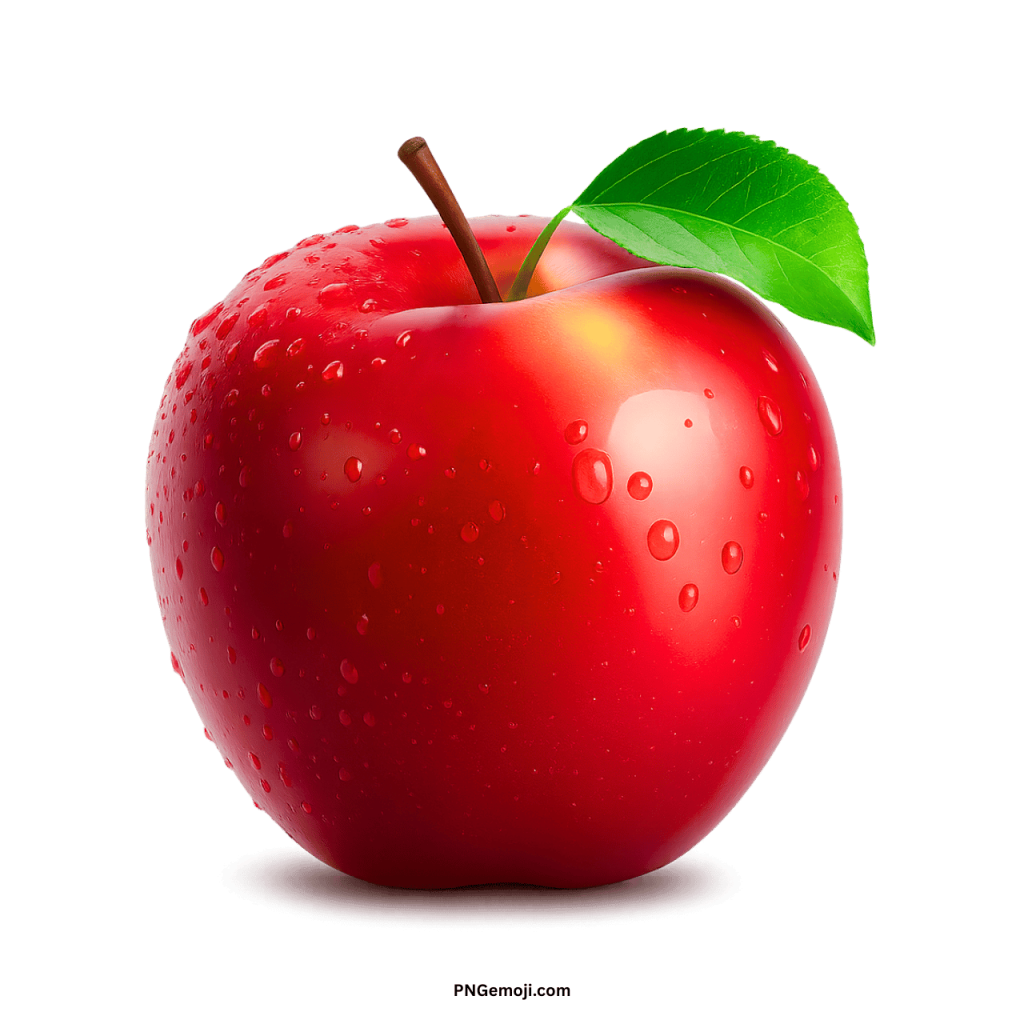 A vibrant red apple with fresh water droplets on its shiny skin and a green leaf.