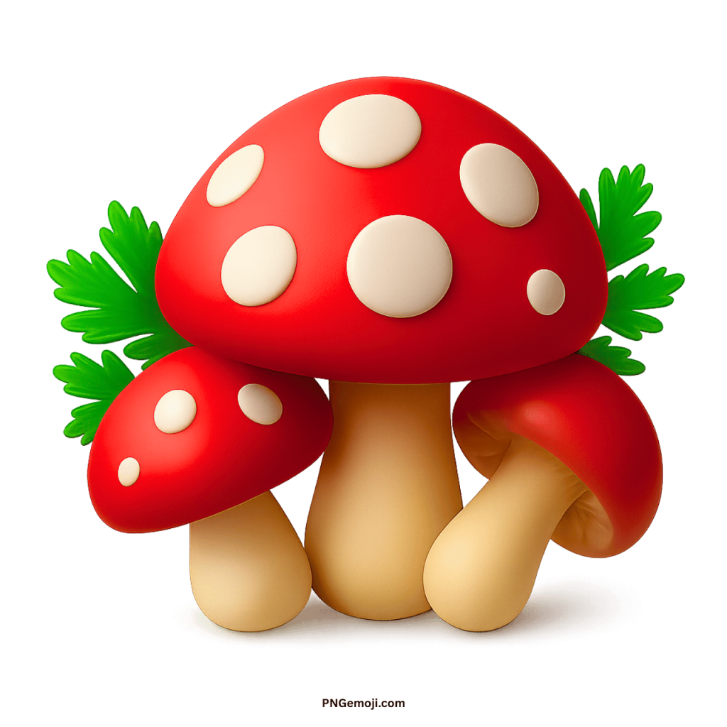 Red cartoon mushroom PNG with white spots and leafy green accents in high resolution