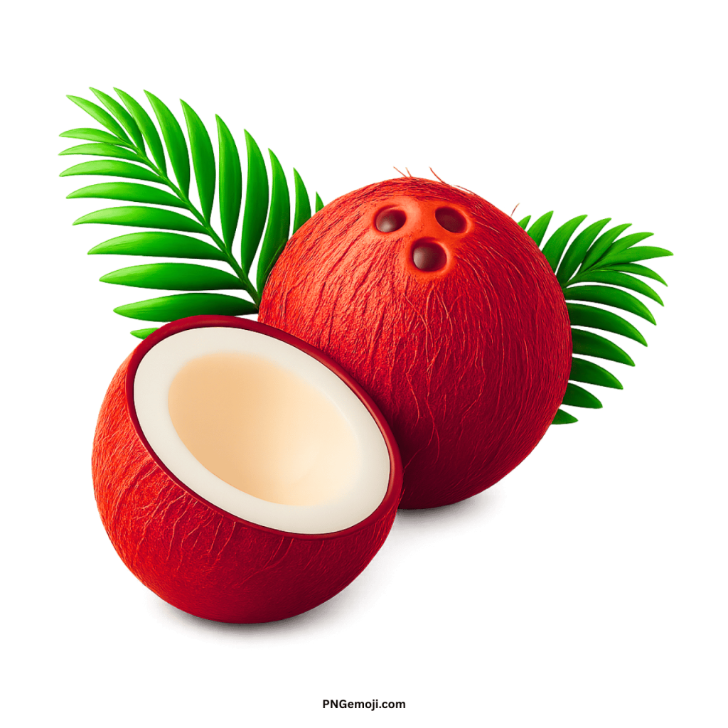 Red coconut PNG with palm green leaves and half-open tropical exotic fruit design