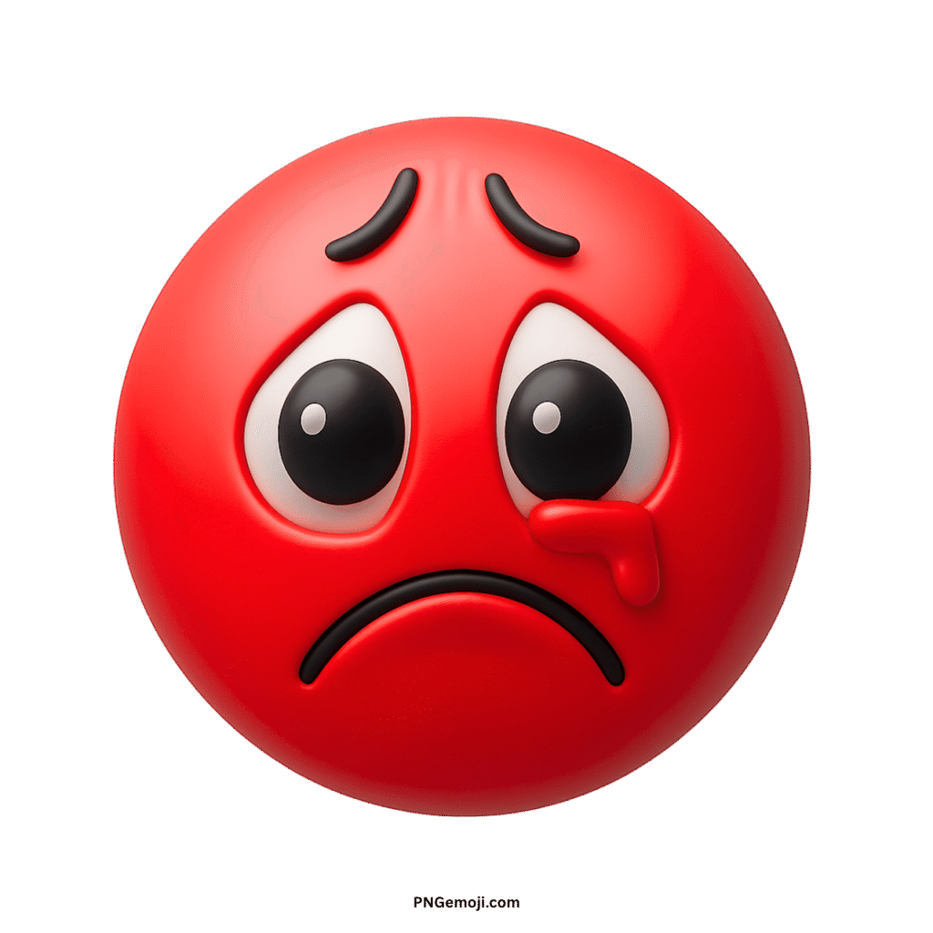 Red crying sad face emoji PNG with tear drop and frown on transparent background