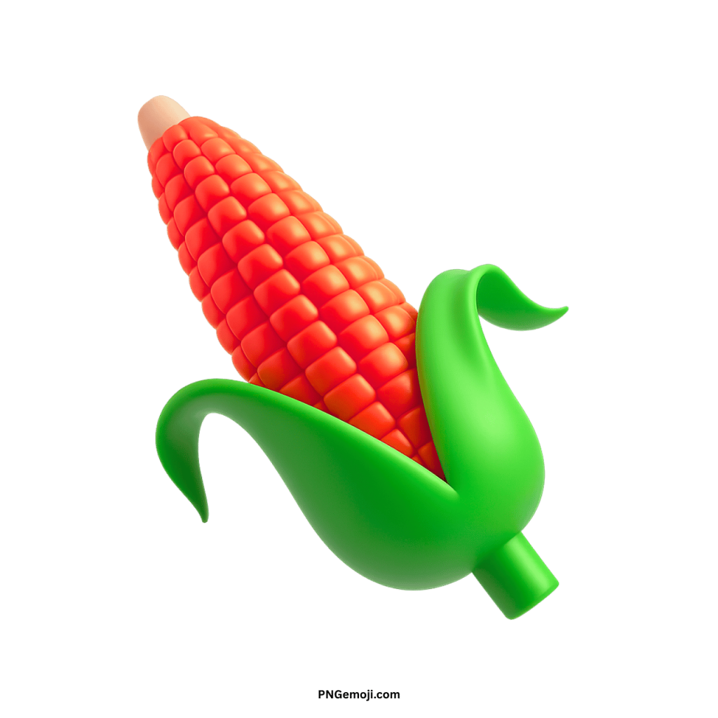 Red ear of corn emoji with green husk in colorful 3D cartoon style design