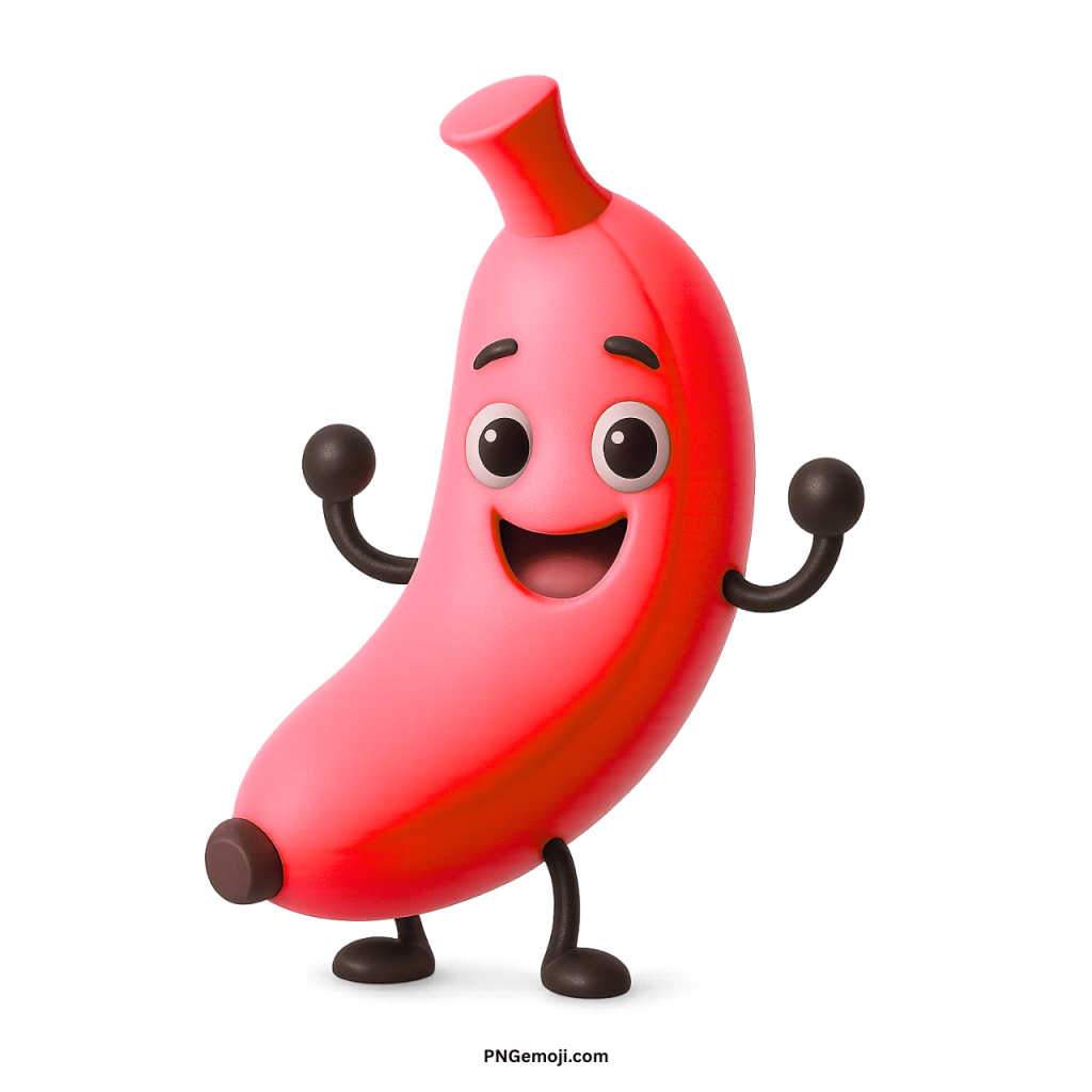 Red banana emoji cartoon character smiling with happy eyes and raised arms on transparent background