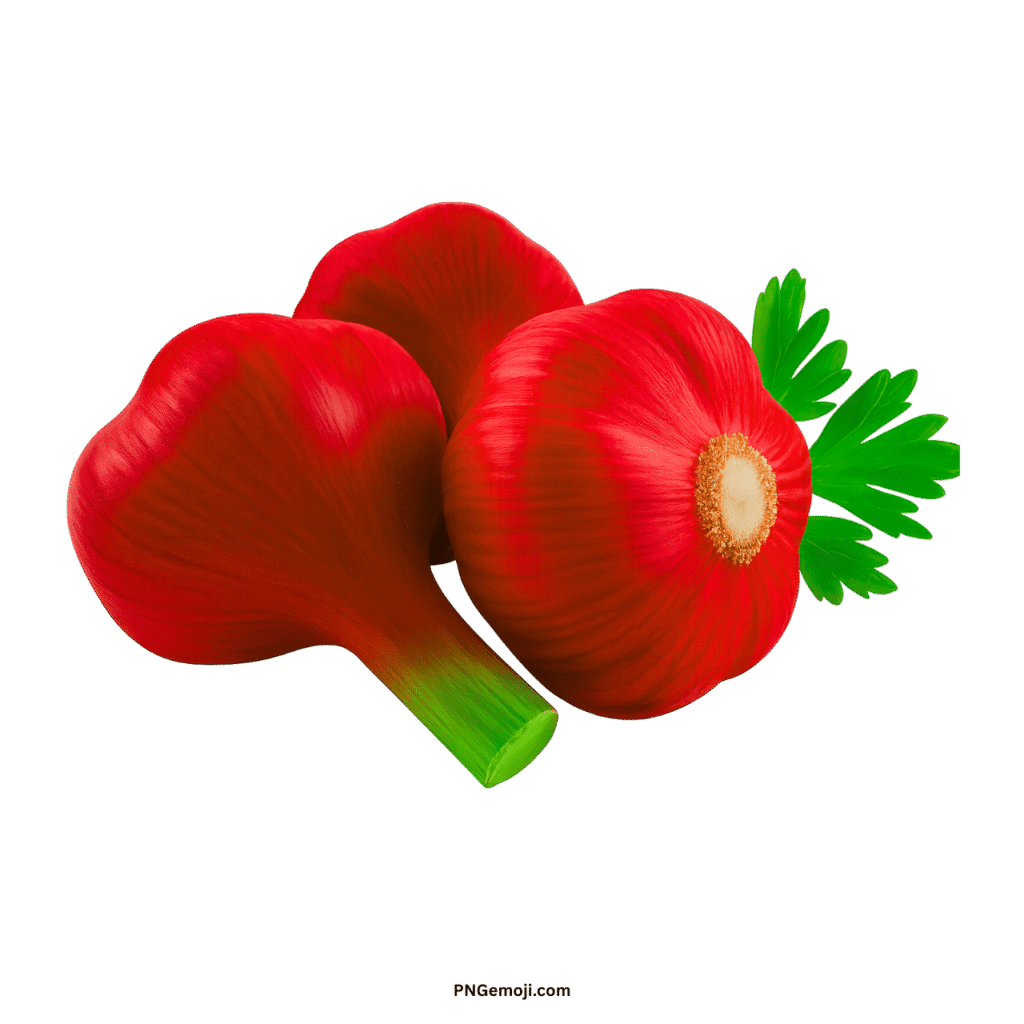 Red garlic emoji PNG illustration showing fresh garlic cloves with green leaves