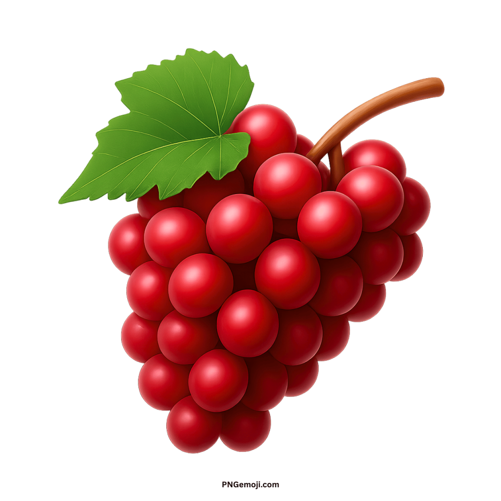 A realistic red grape emoji with a vibrant green leaf and brown stem, on a black background.
