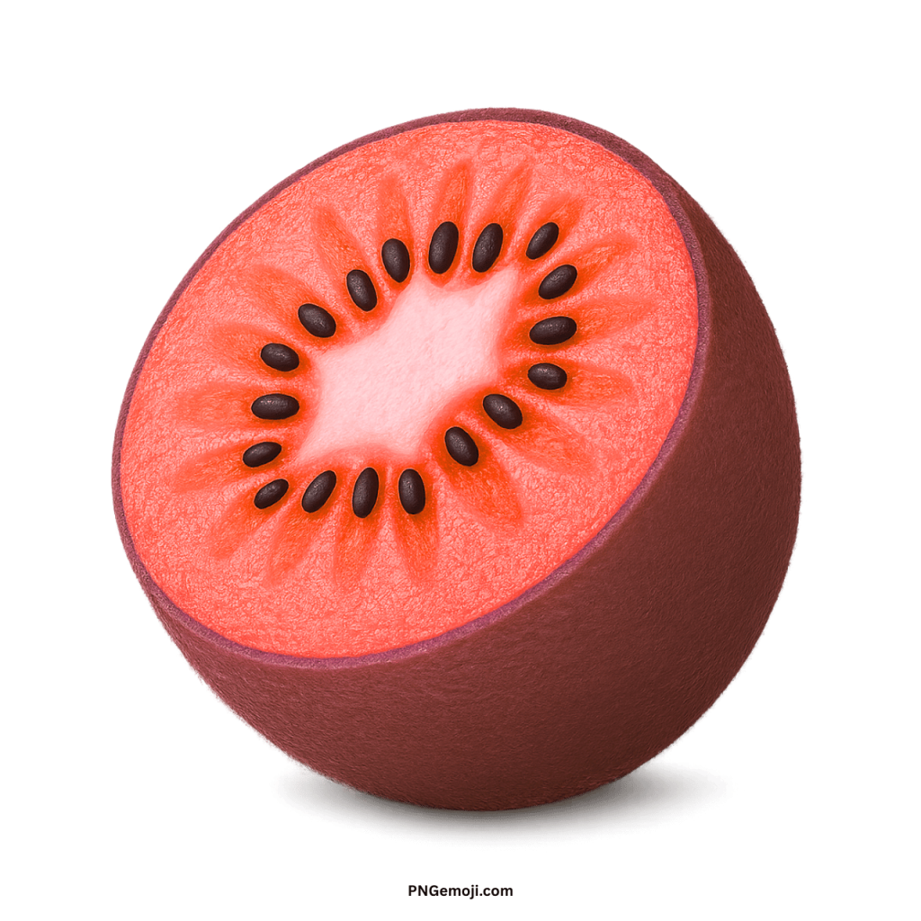 A vibrant red kiwi fruit emoji, halved to reveal its rosy flesh and dark seeds.