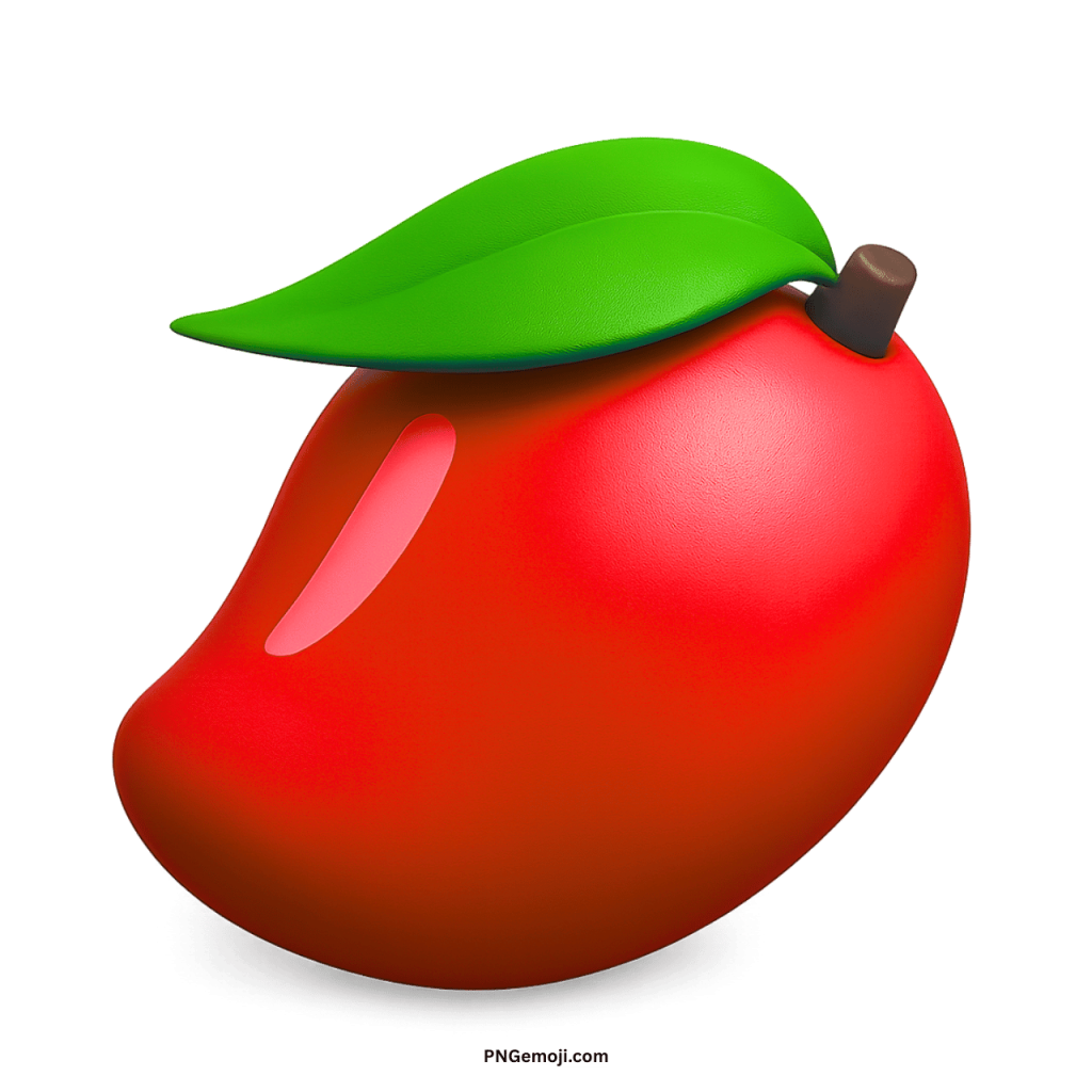 Red mango emoji 3D tropical fruit icon with green leaf and shiny design