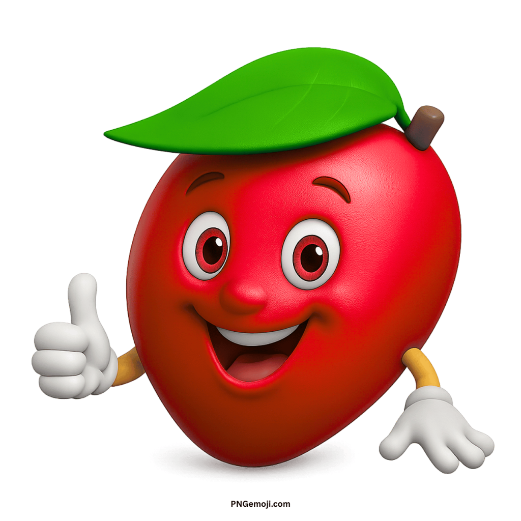 Smiling red mango emoji cartoon fruit character with green leaf giving thumbs up PNG