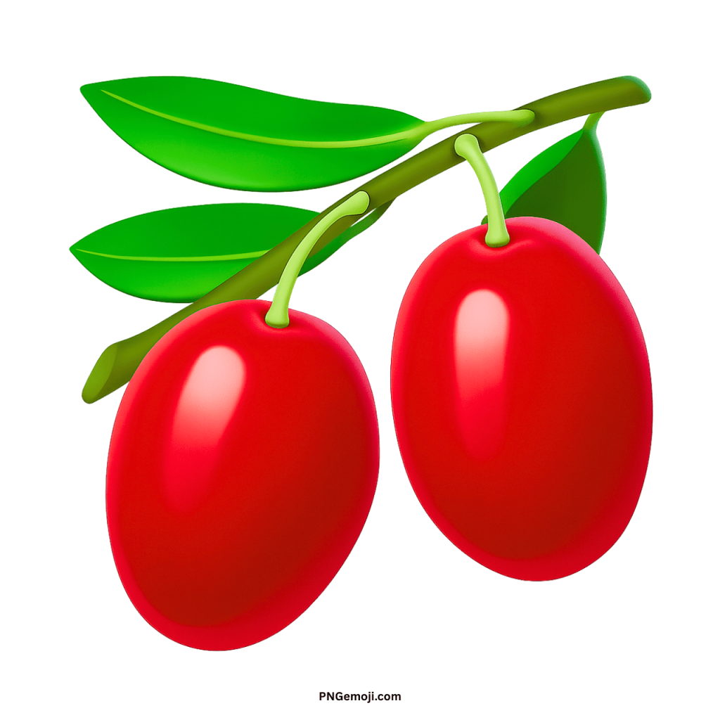 A vibrant red olive emoji with bright green leaves on a branch, set against a black background.