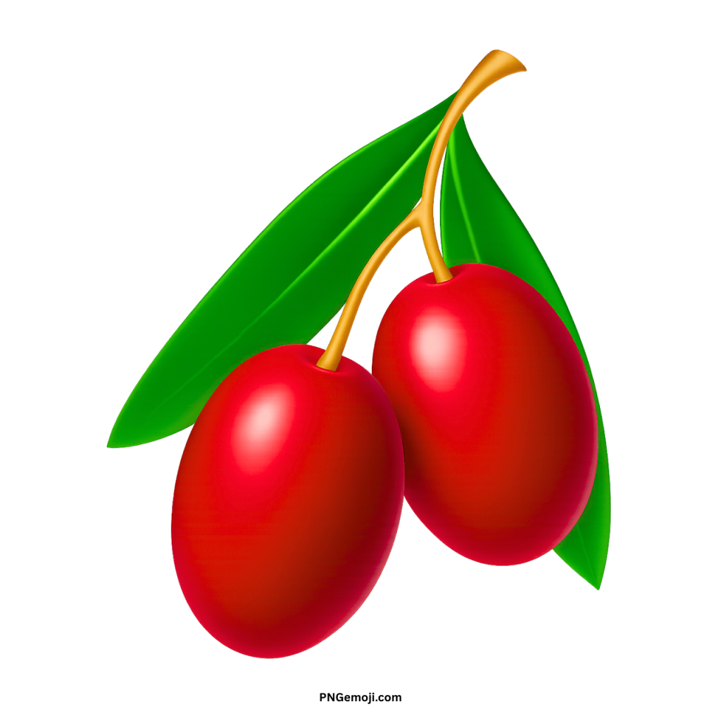 Two ripe red olives with green leaves on a thin branch against a black background.

