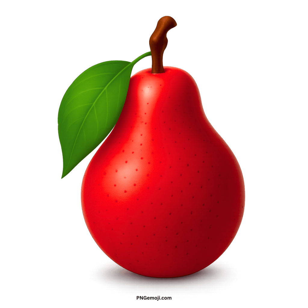 A vibrant red pear with a brown stem and a green leaf, illuminated against a dark background.