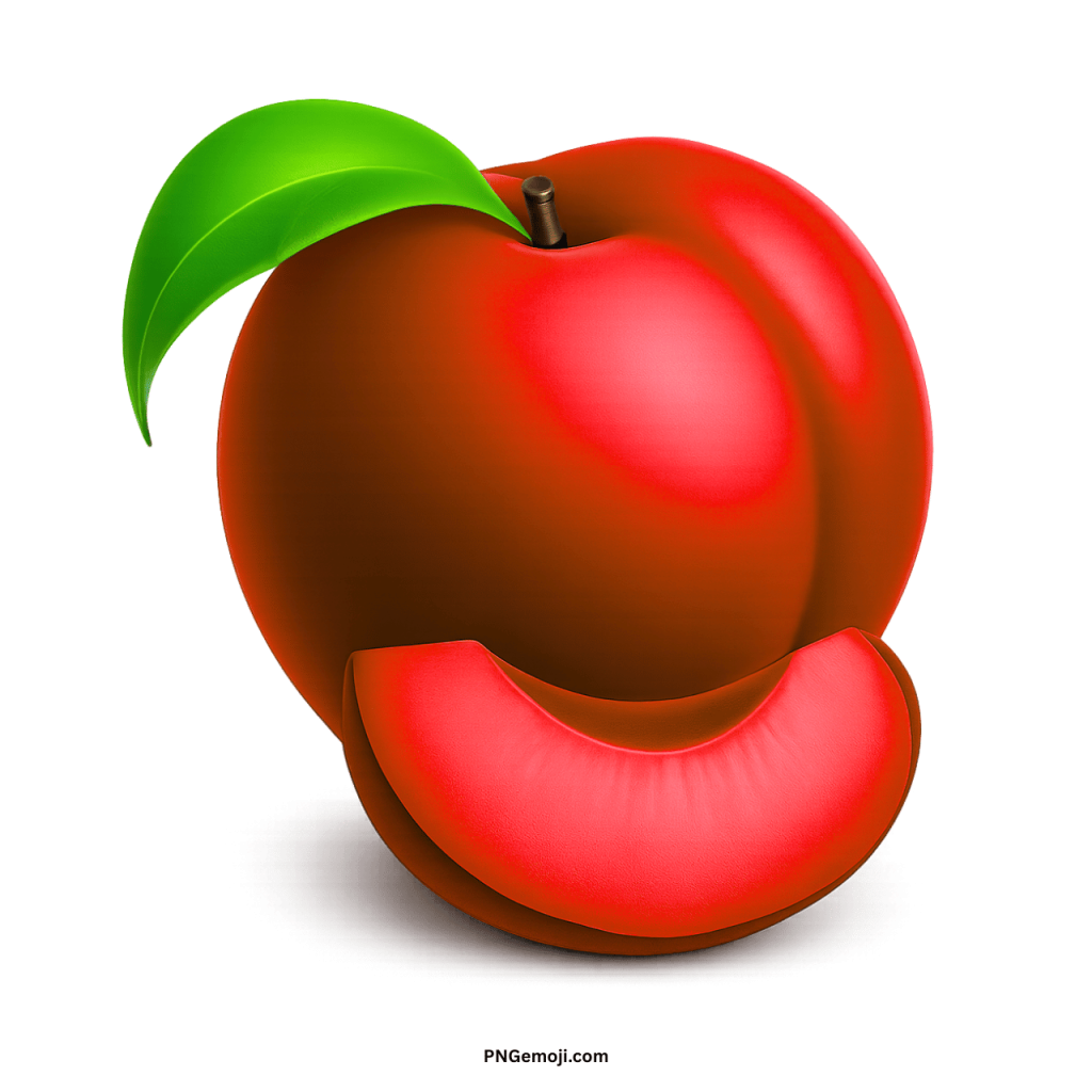 A glossy red plum with a fresh green leaf and a slice, isolated on a black background.