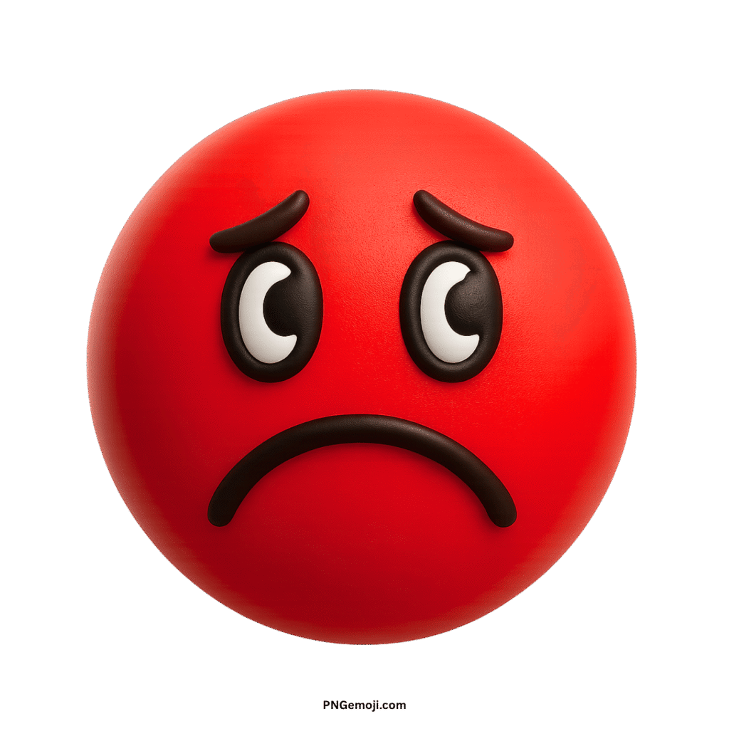 A melancholy red emoji with a sad face, downturned mouth, and worried eyes.