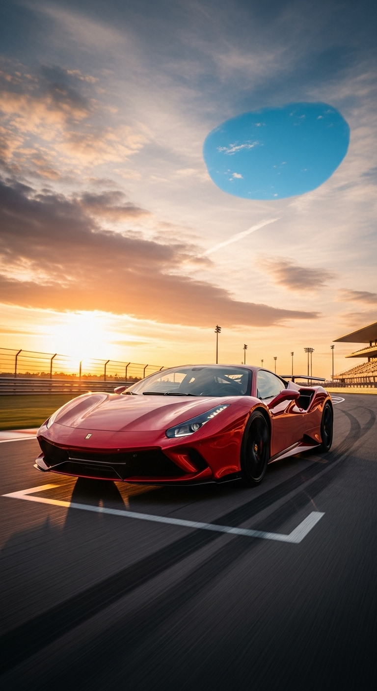 Red sports car wallpaper on racetrack with dramatic sunset sky and modern stadium view