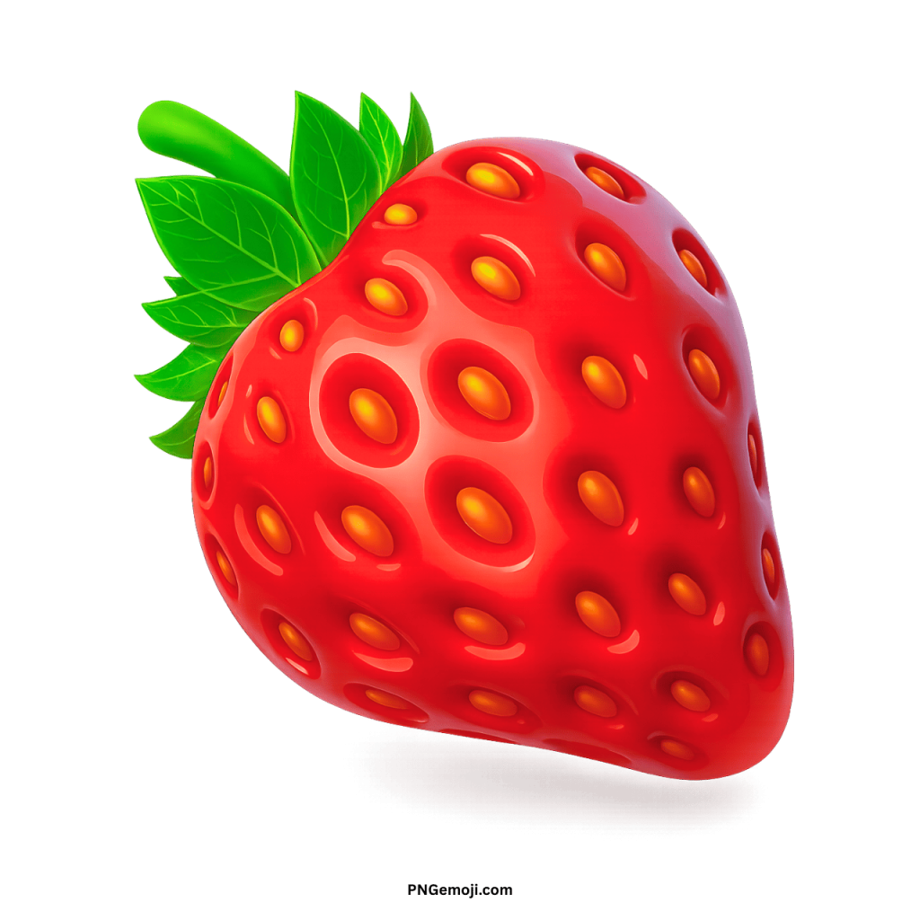 Vibrant red strawberry with glossy texture, orange seeds, and fresh green leaves on a black background.