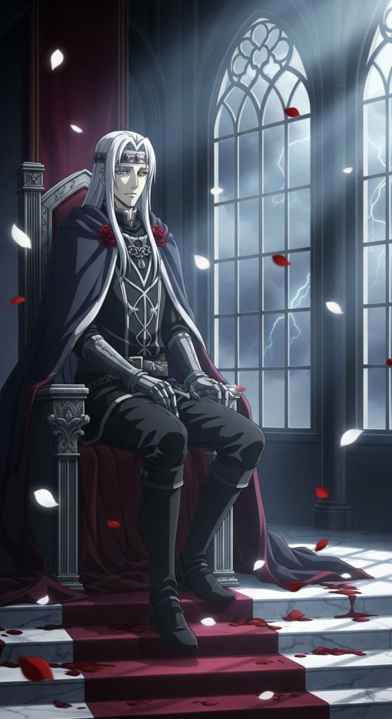 Requiem of the Rose King anime wallpaper with gothic throne, rose petals and dark royalty