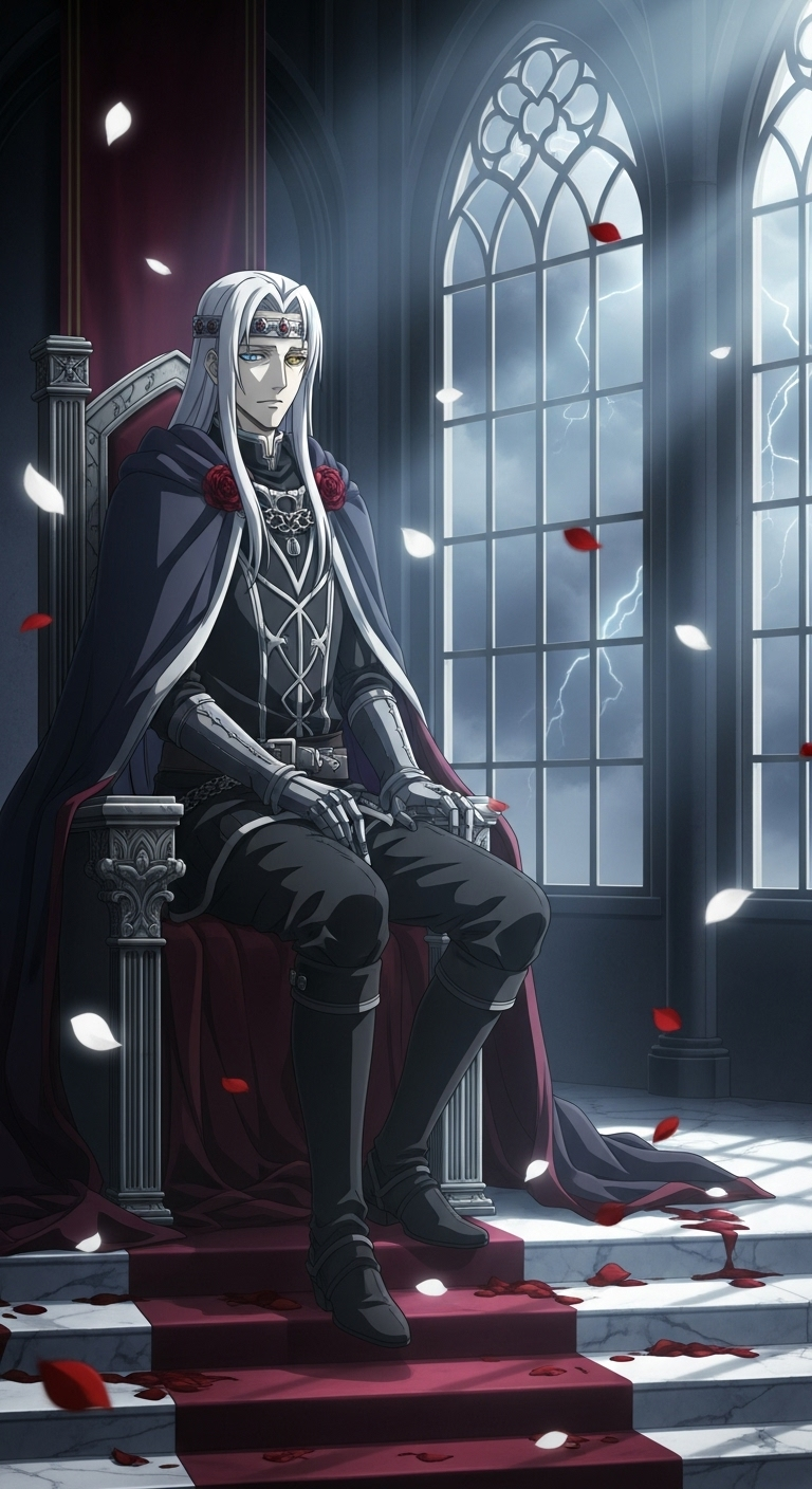 Requiem of the Rose King anime wallpaper with gothic throne, rose petals and dark royalty