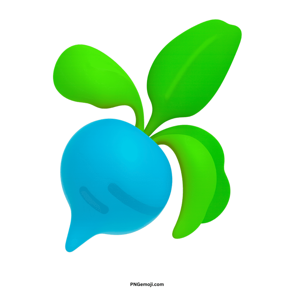  A vibrant blue root vegetable emoji with bright green leaves on a black background.
